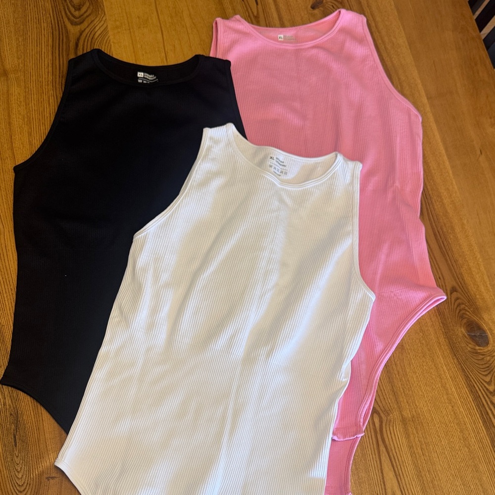 Ribbed High Neck Bodysuit Trio - Black, White & Pink